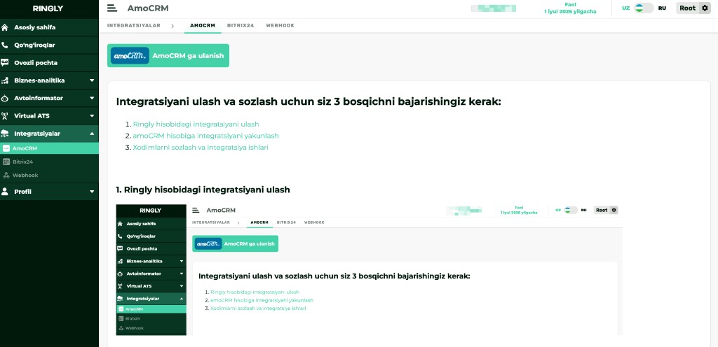 AmoCRM hisobiga ruxsat berish