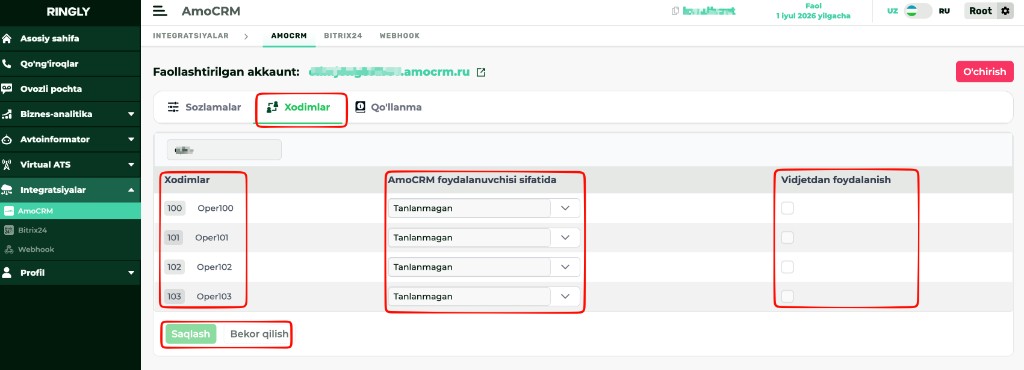 Xodimlarni amoCRM foydalanuvchilari bilan bog'lash