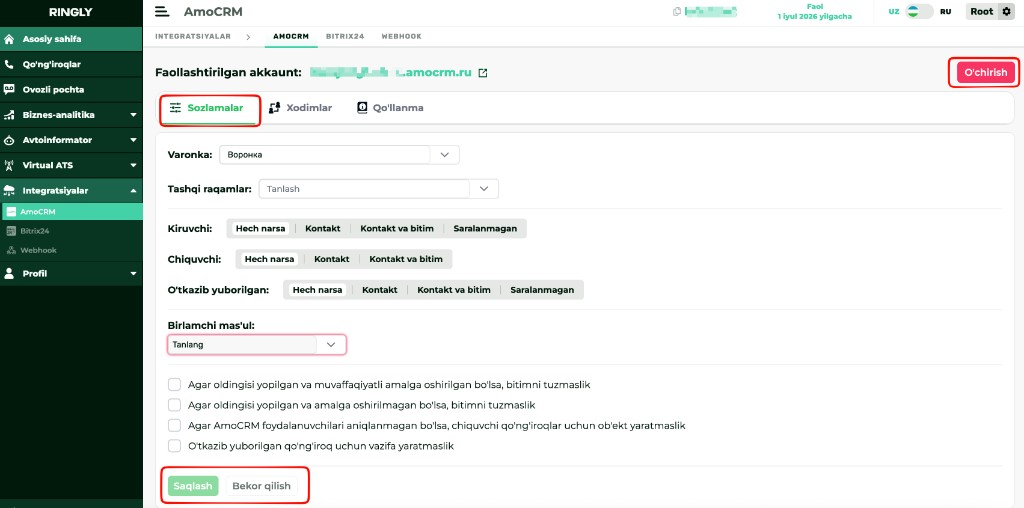 Umumiy integratsiya sozlamalari